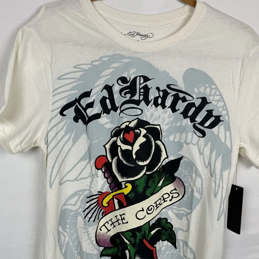 Ed Hardy Deh Corps Graphic Tee Small Ivory Rose Skull Wings Y2K NWT - Picture 2 of 6